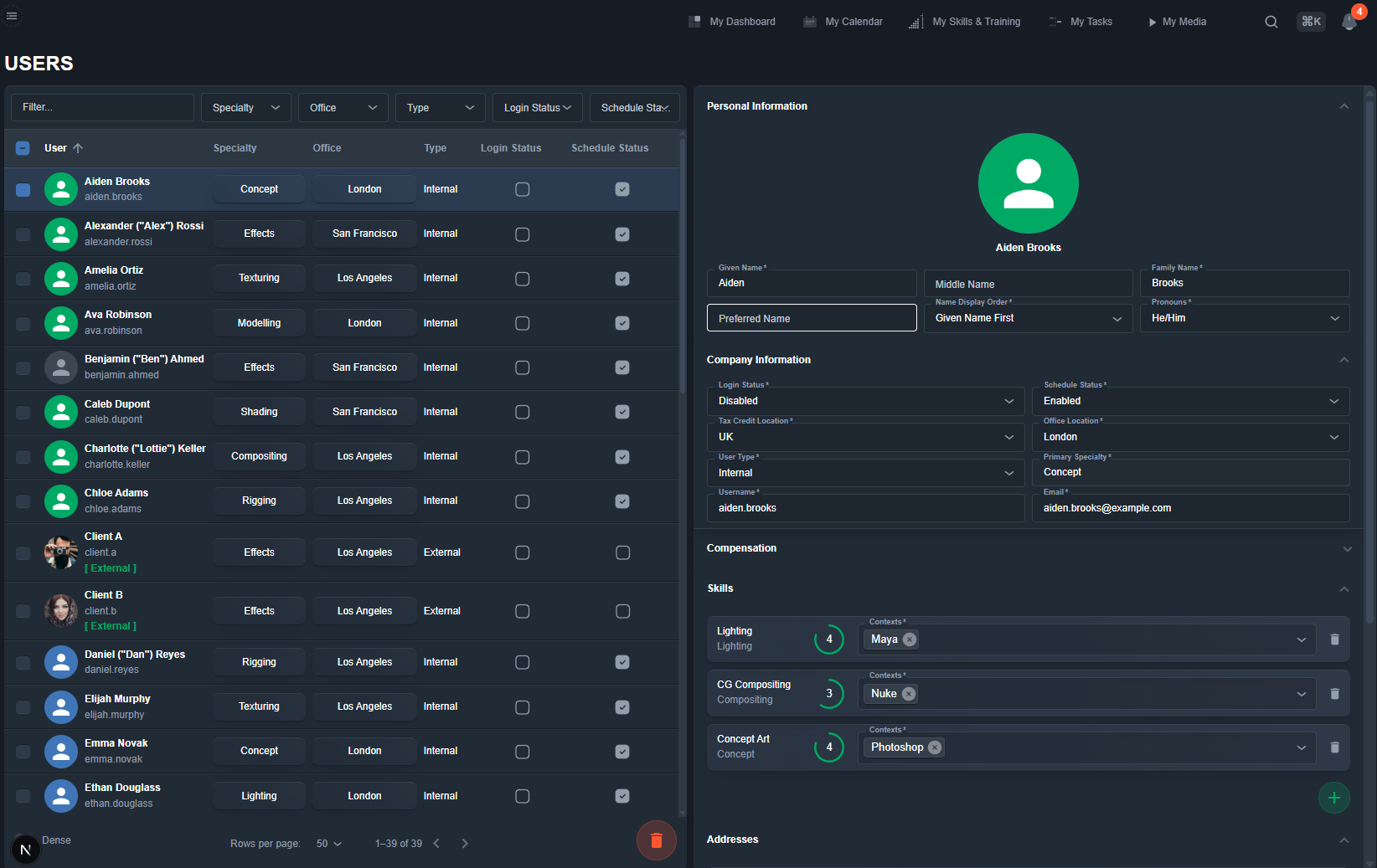 Filament team and skills view